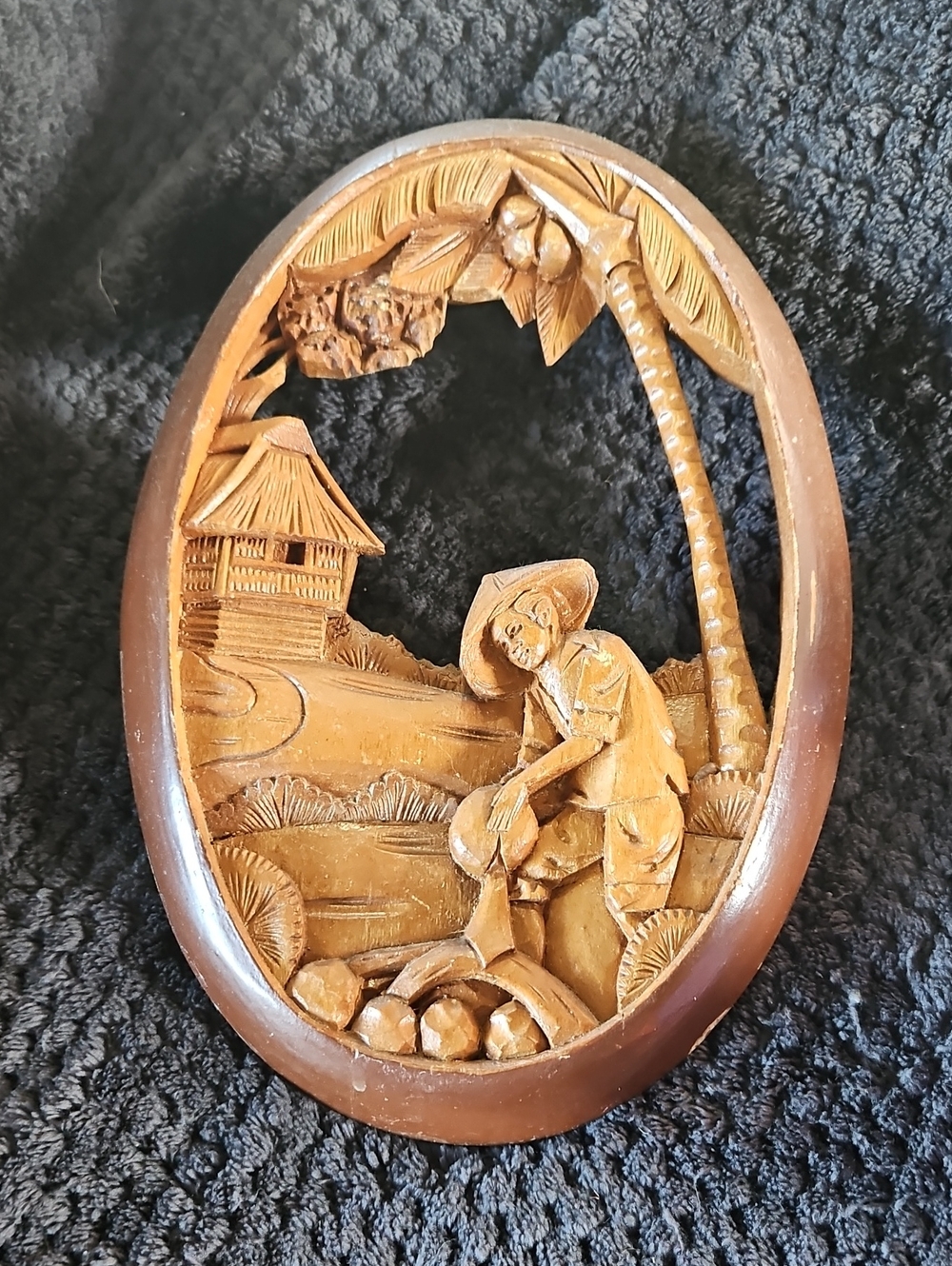 Hand Carved Wooden Wall Plaque - Farmer Scene